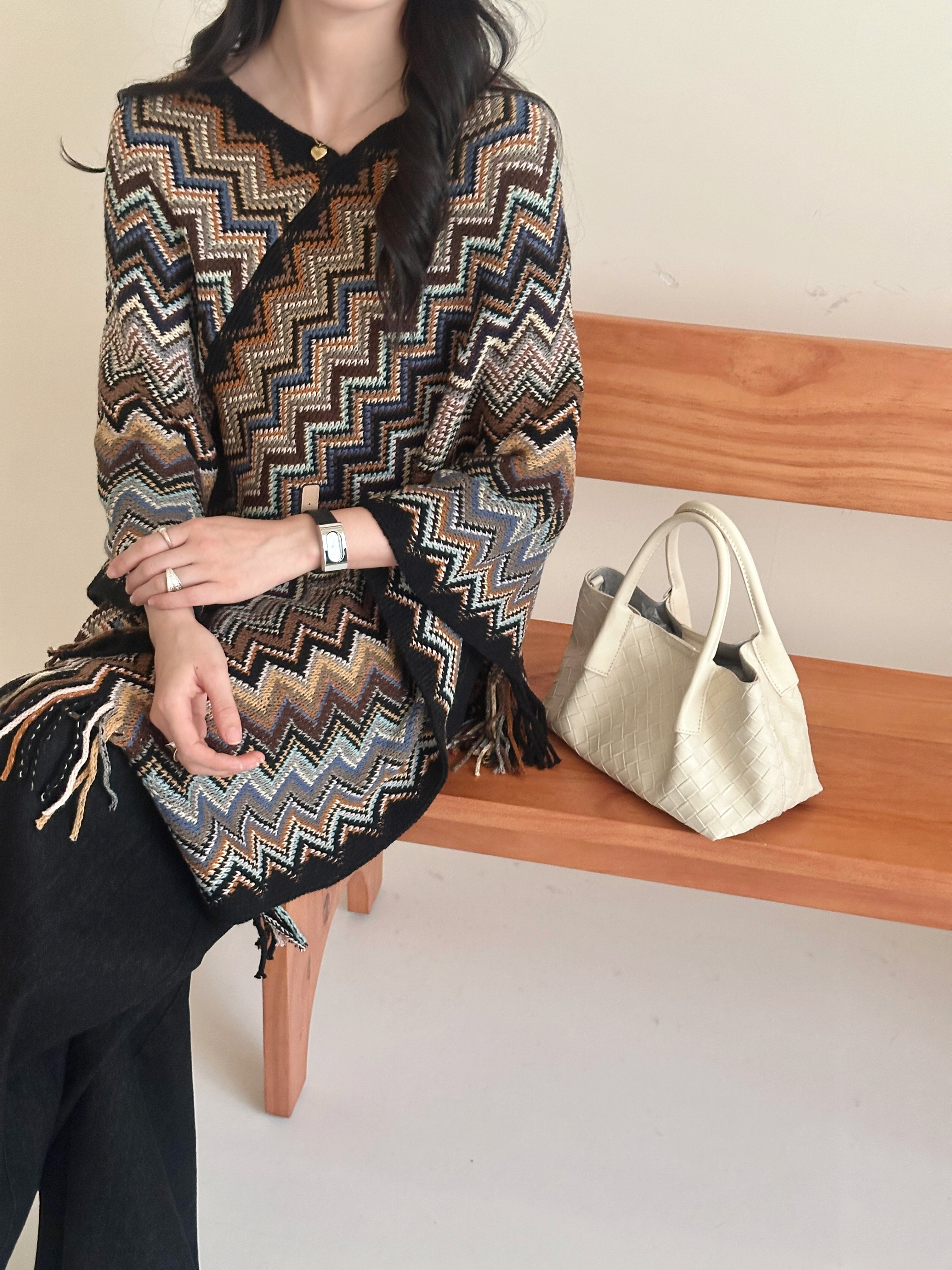 Kai Zig Zag Chevron Knitted Cape Brown