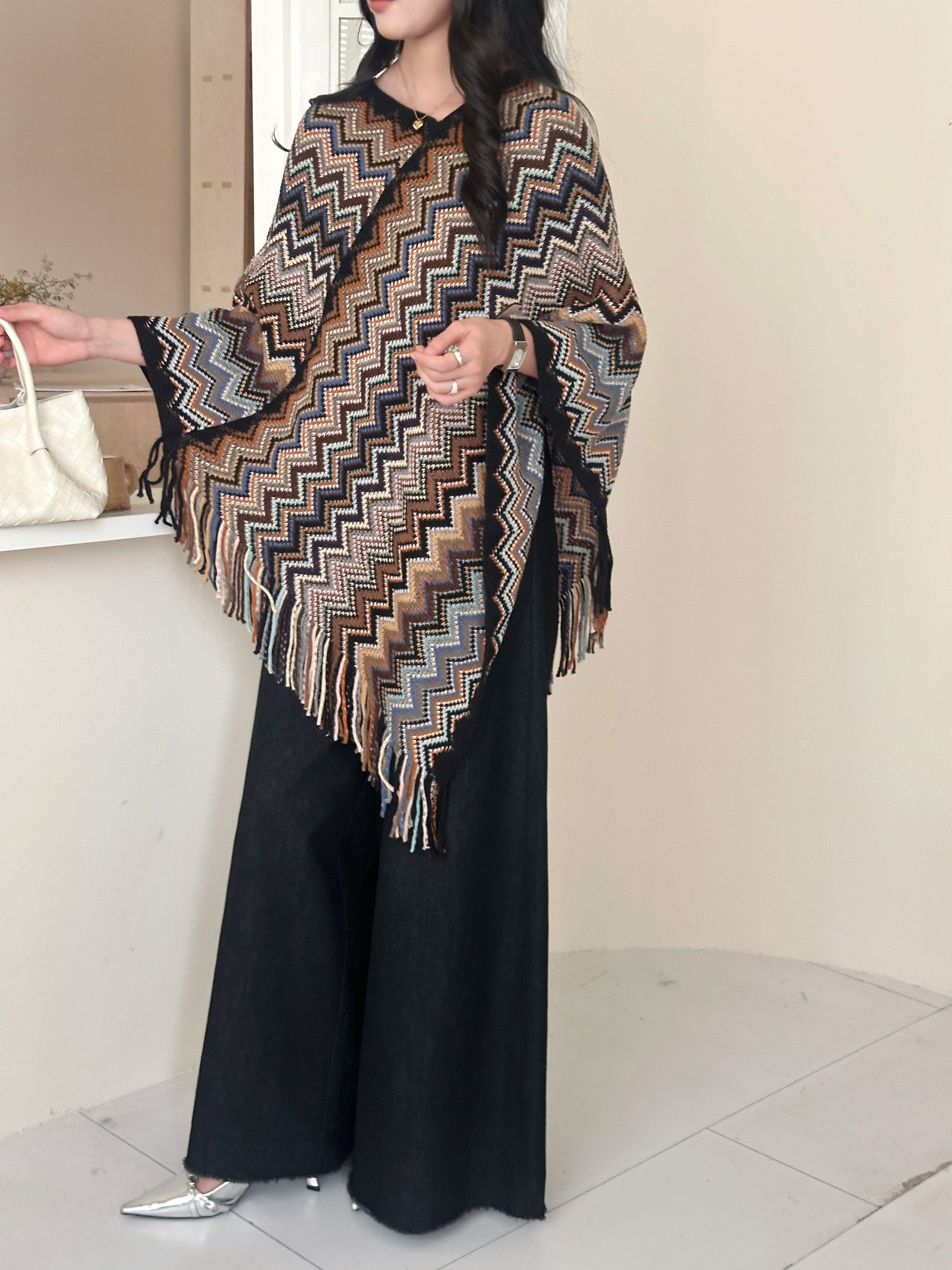 Kai Zig Zag Chevron Knitted Cape Brown