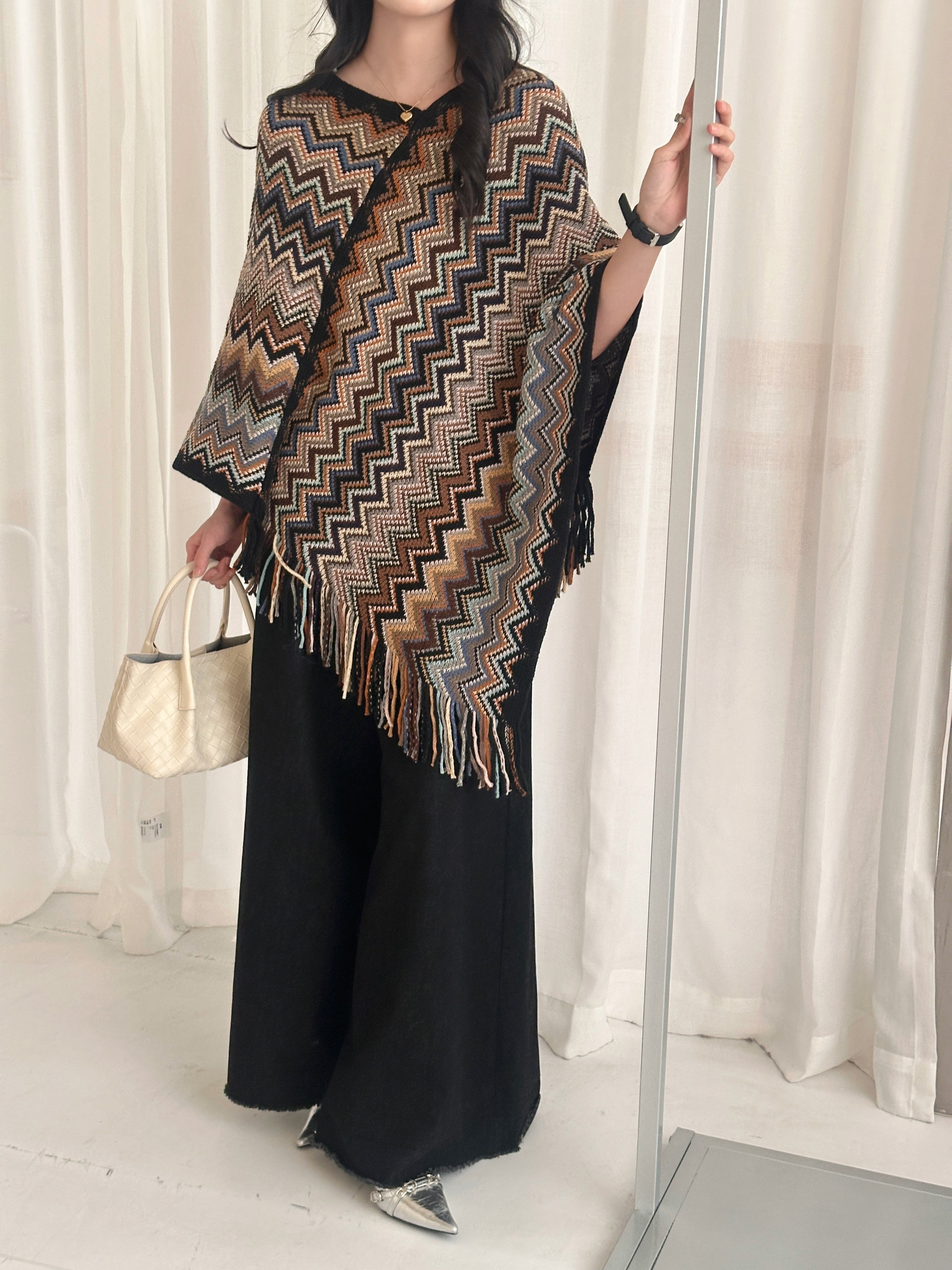 Kai Zig Zag Chevron Knitted Cape Brown