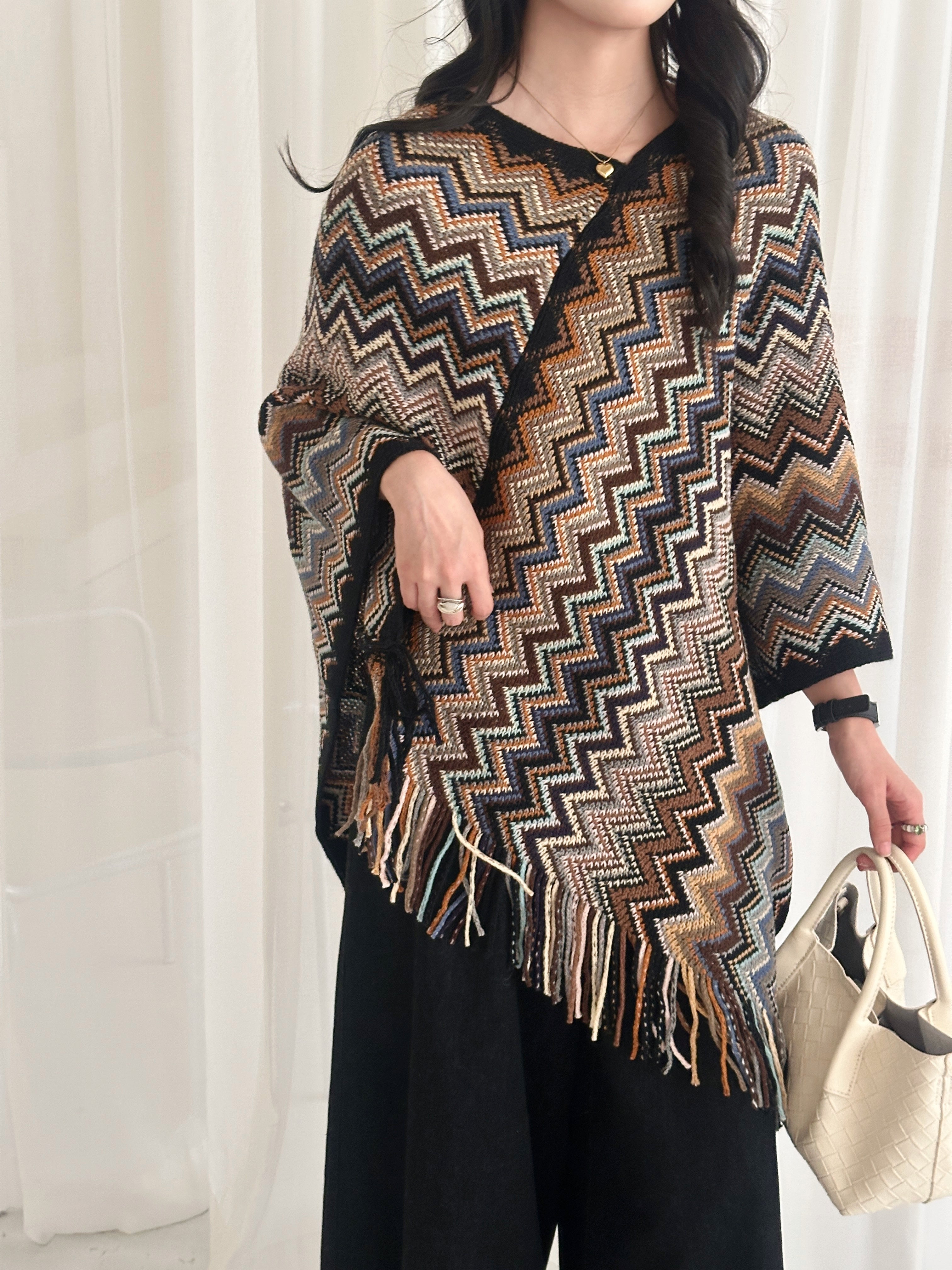 Kai Zig Zag Chevron Knitted Cape Brown