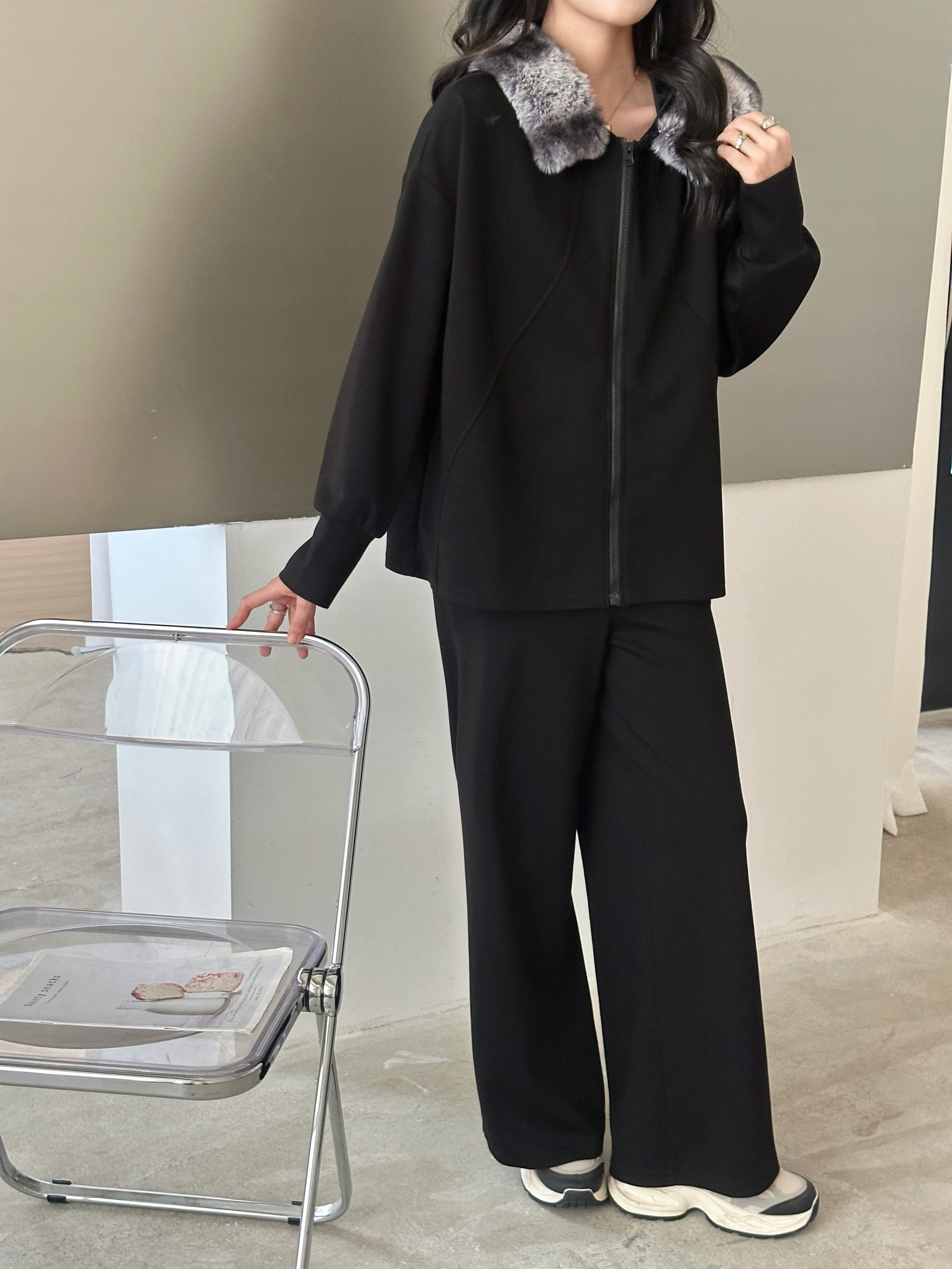 Erin Modal Suit Black with Faux Rabbit Hoodie