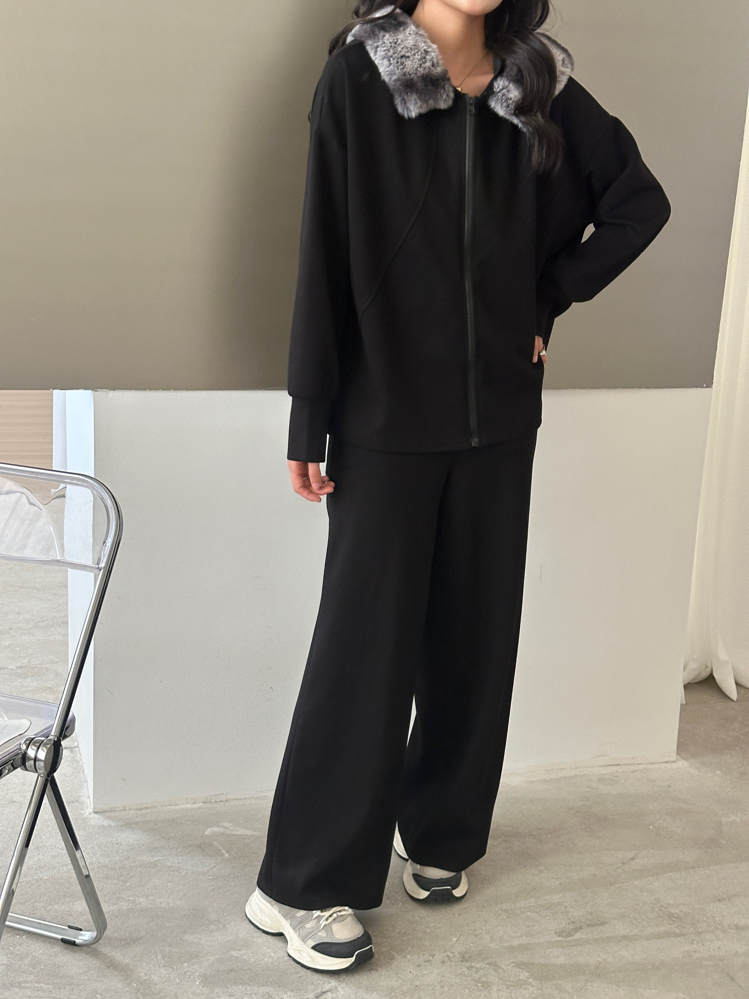 Erin Modal Suit Black with Faux Rabbit Hoodie