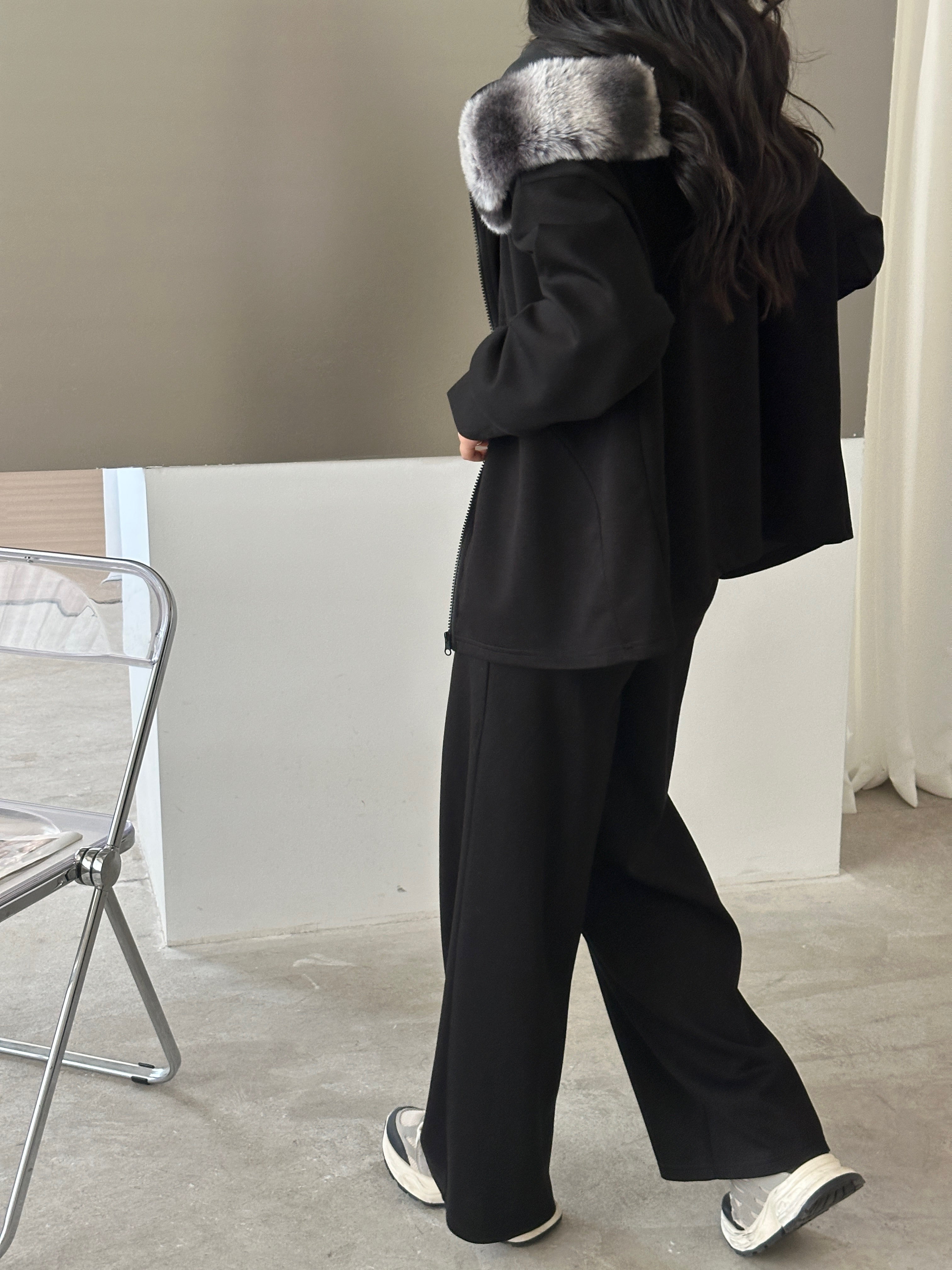 Erin Modal Suit Black with Faux Rabbit Hoodie