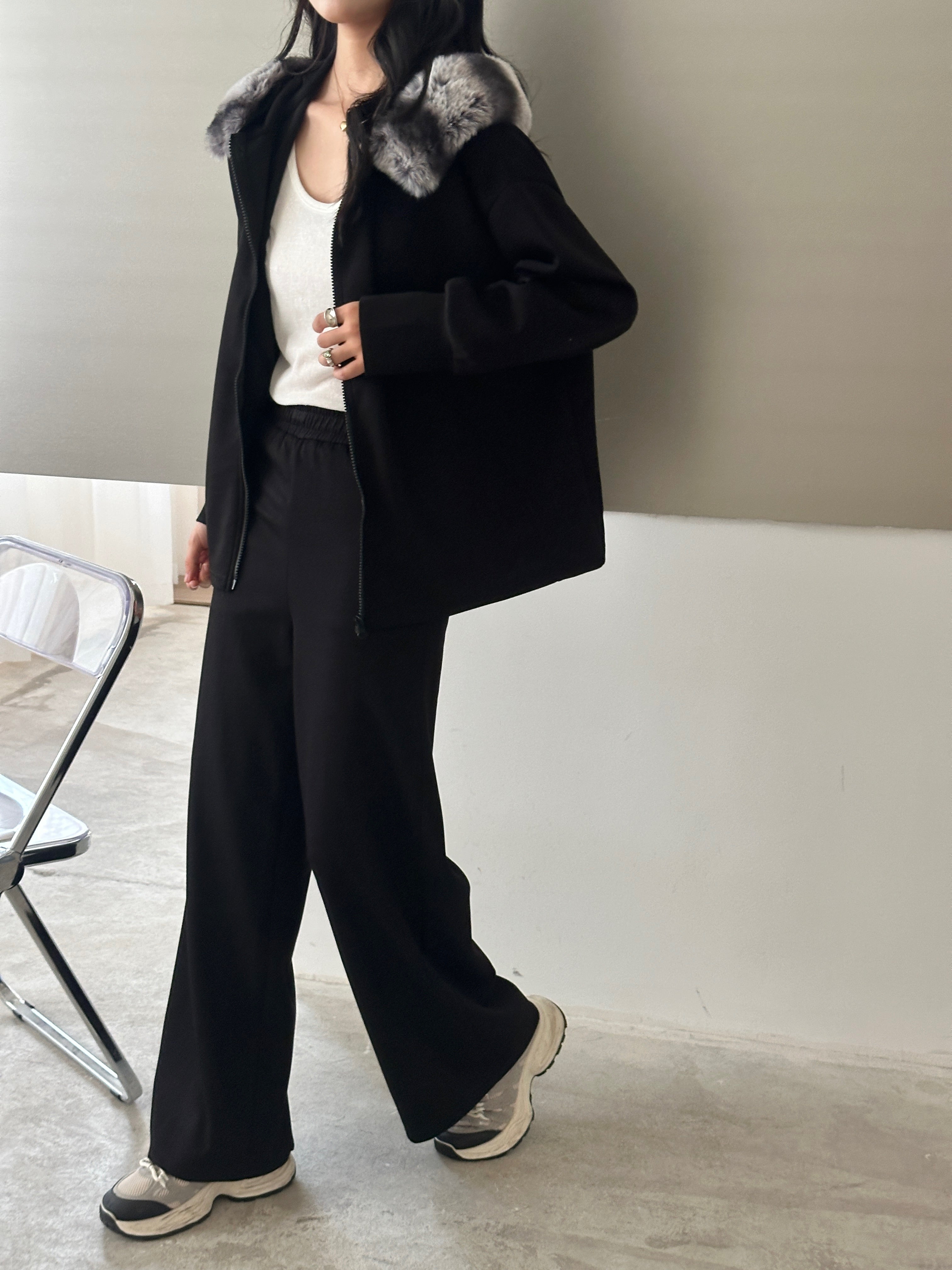 Erin Modal Suit Black with Faux Rabbit Hoodie