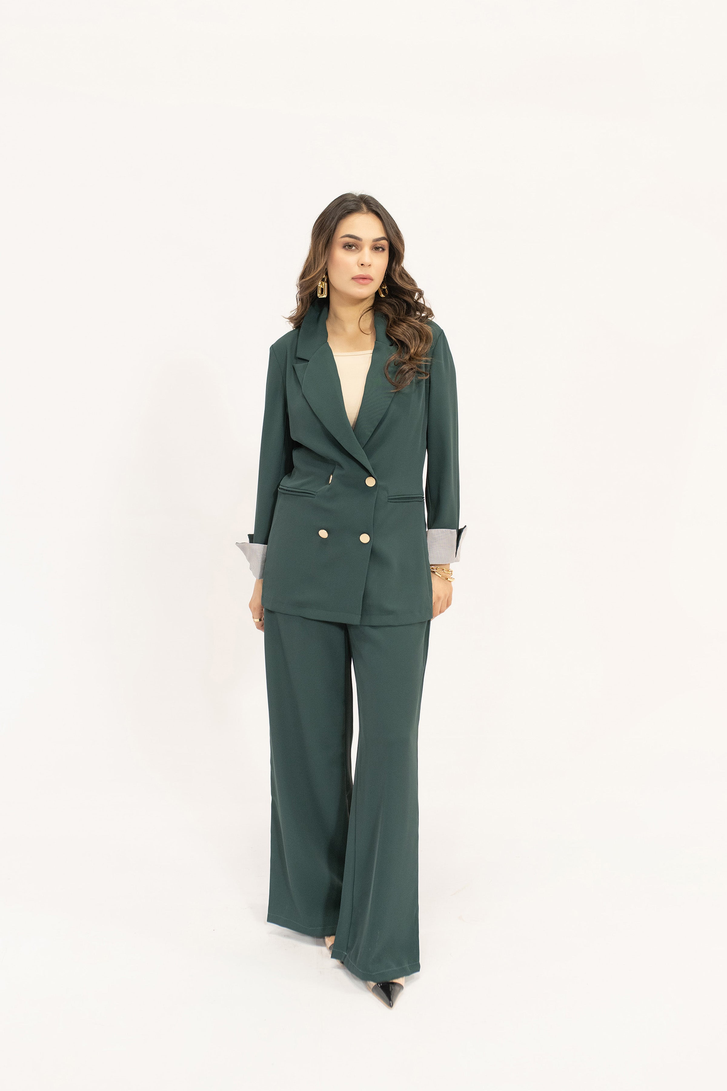 Aiyla Dark Green Golden Button Double Breasted Suit