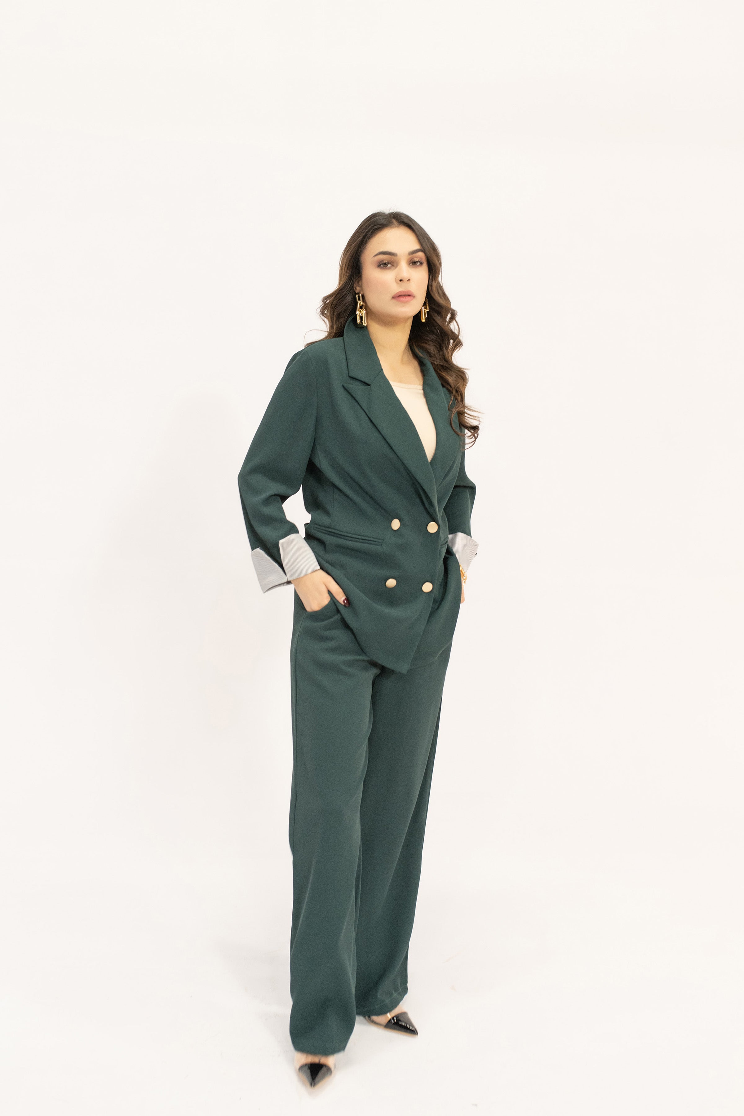 Aiyla Dark Green Golden Button Double Breasted Suit