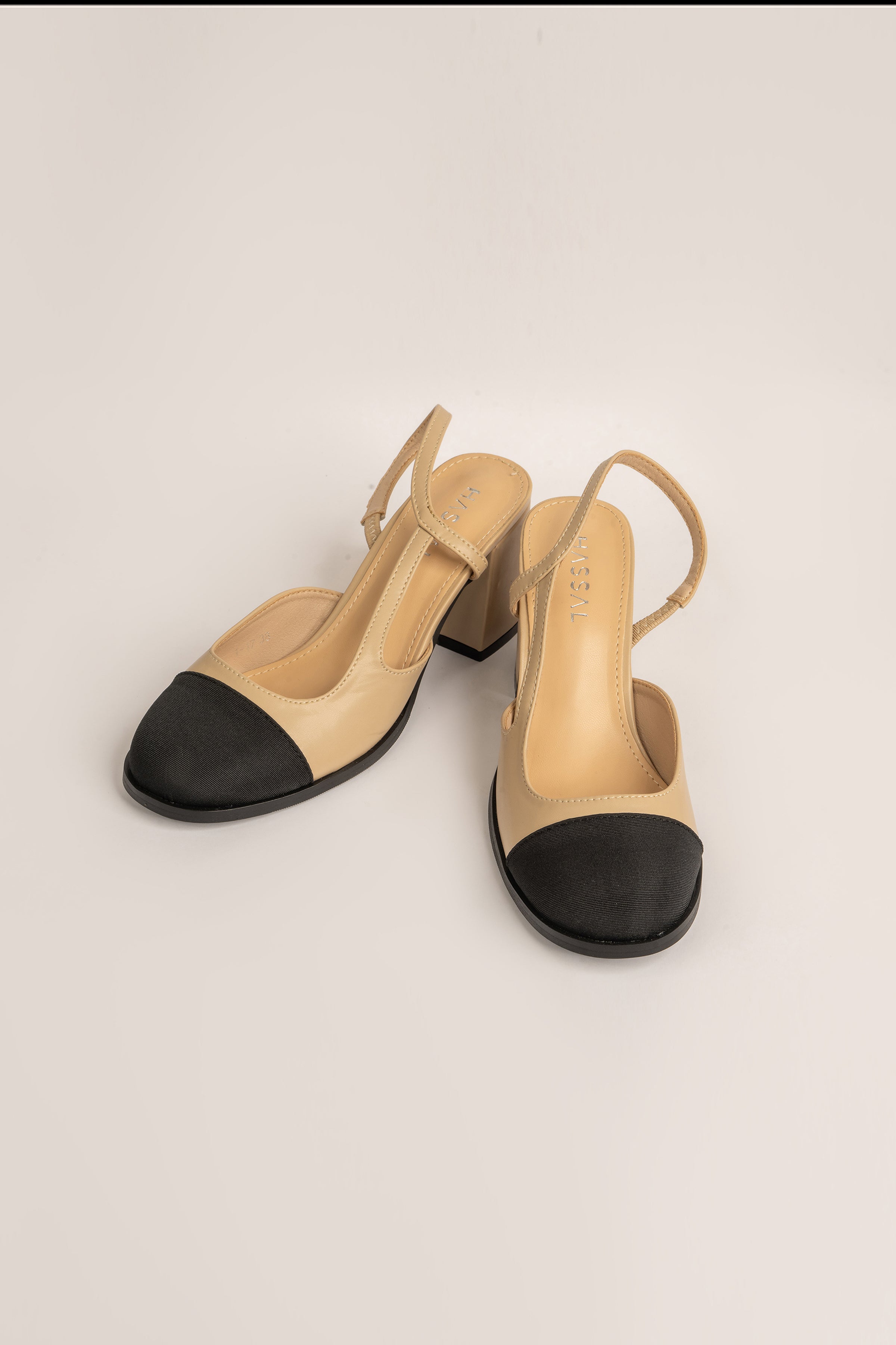 Beige & Black Sling Back Contrast Block Heels