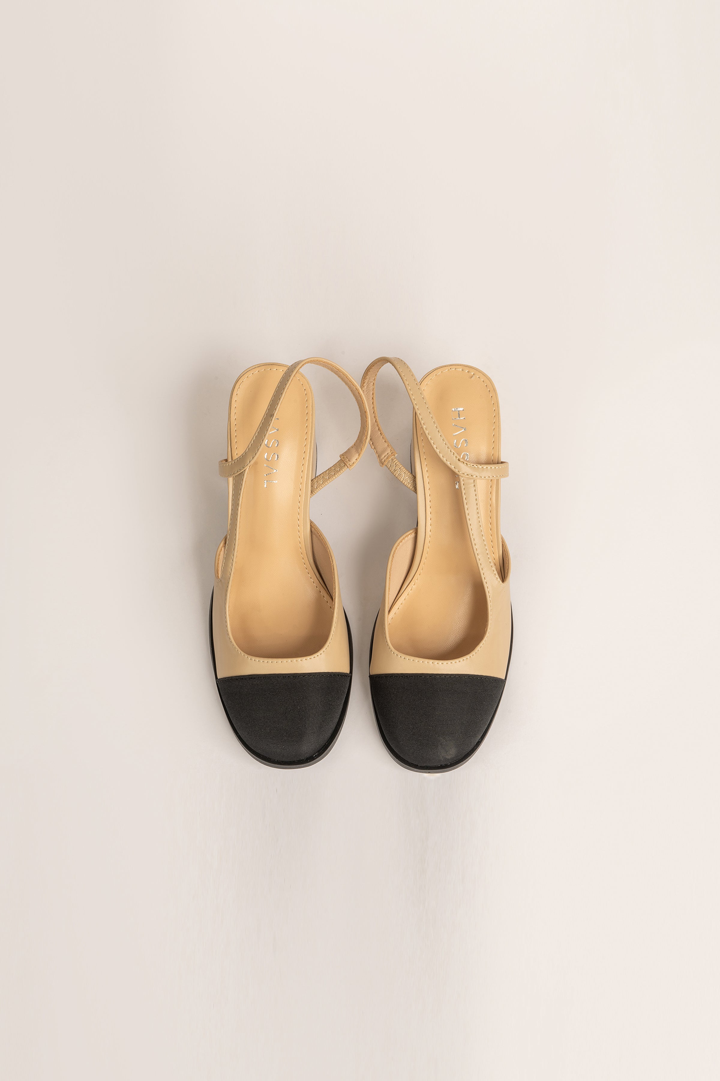 Beige & Black Sling Back Contrast Block Heels