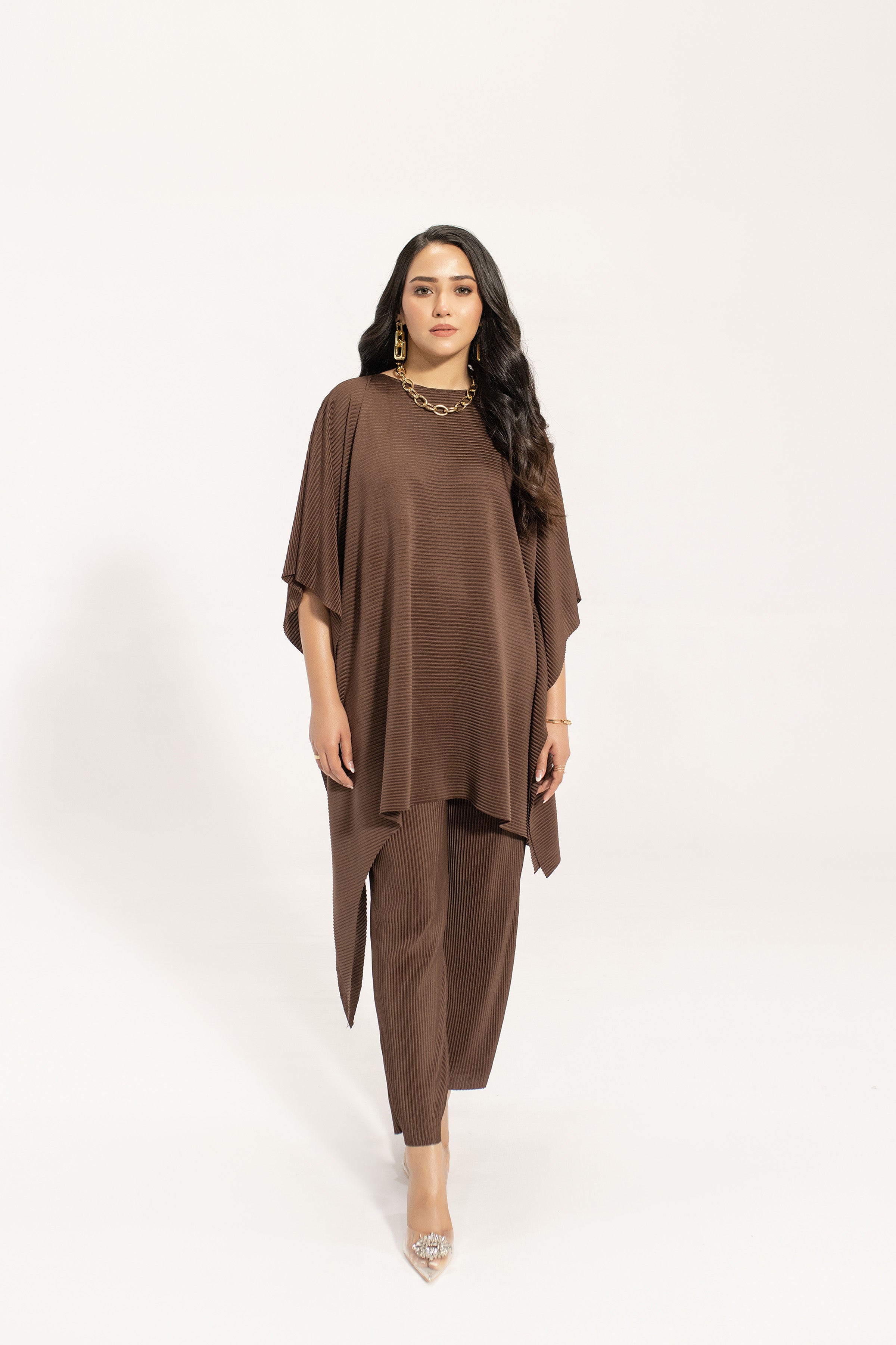 Kiraz Brown Asymmetrical Pleated Suit