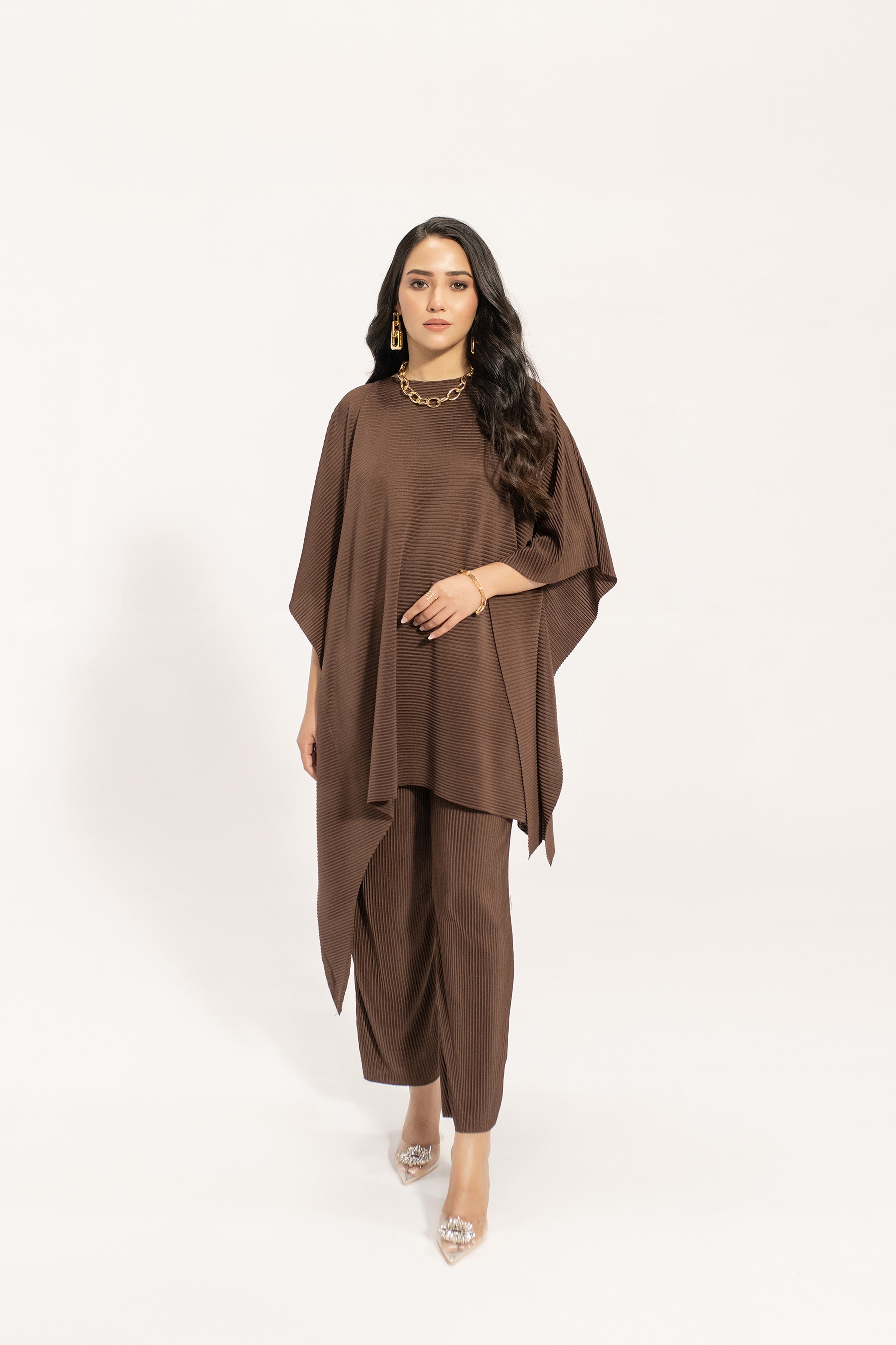 Kiraz Brown Asymmetrical Pleated Suit