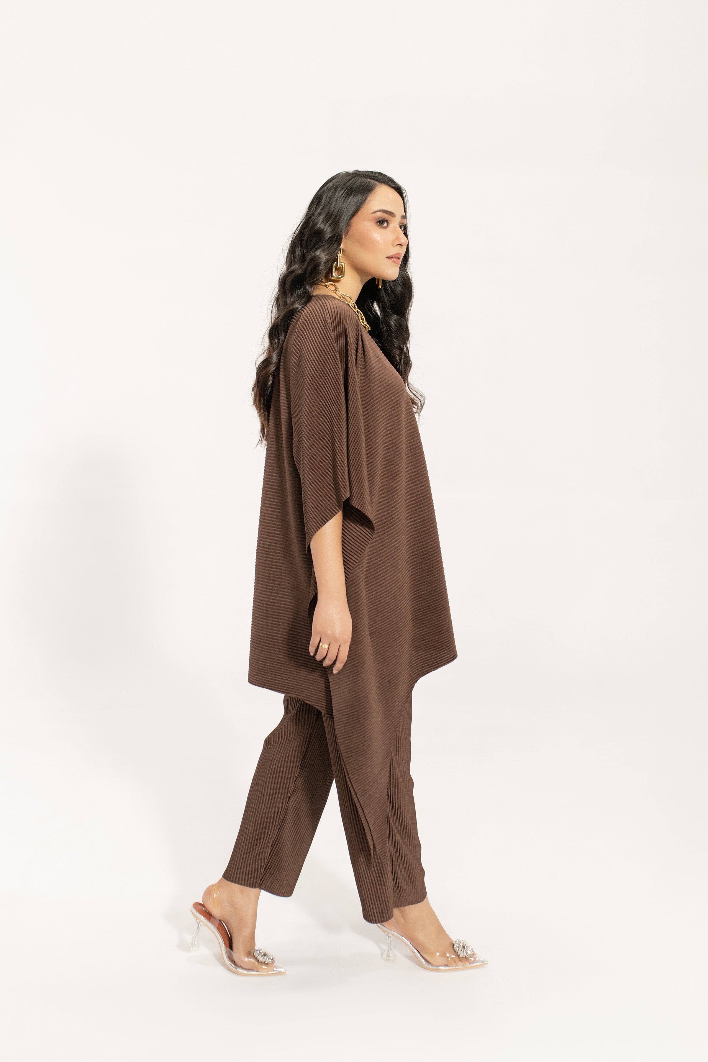 Kiraz Brown Asymmetrical Pleated Suit
