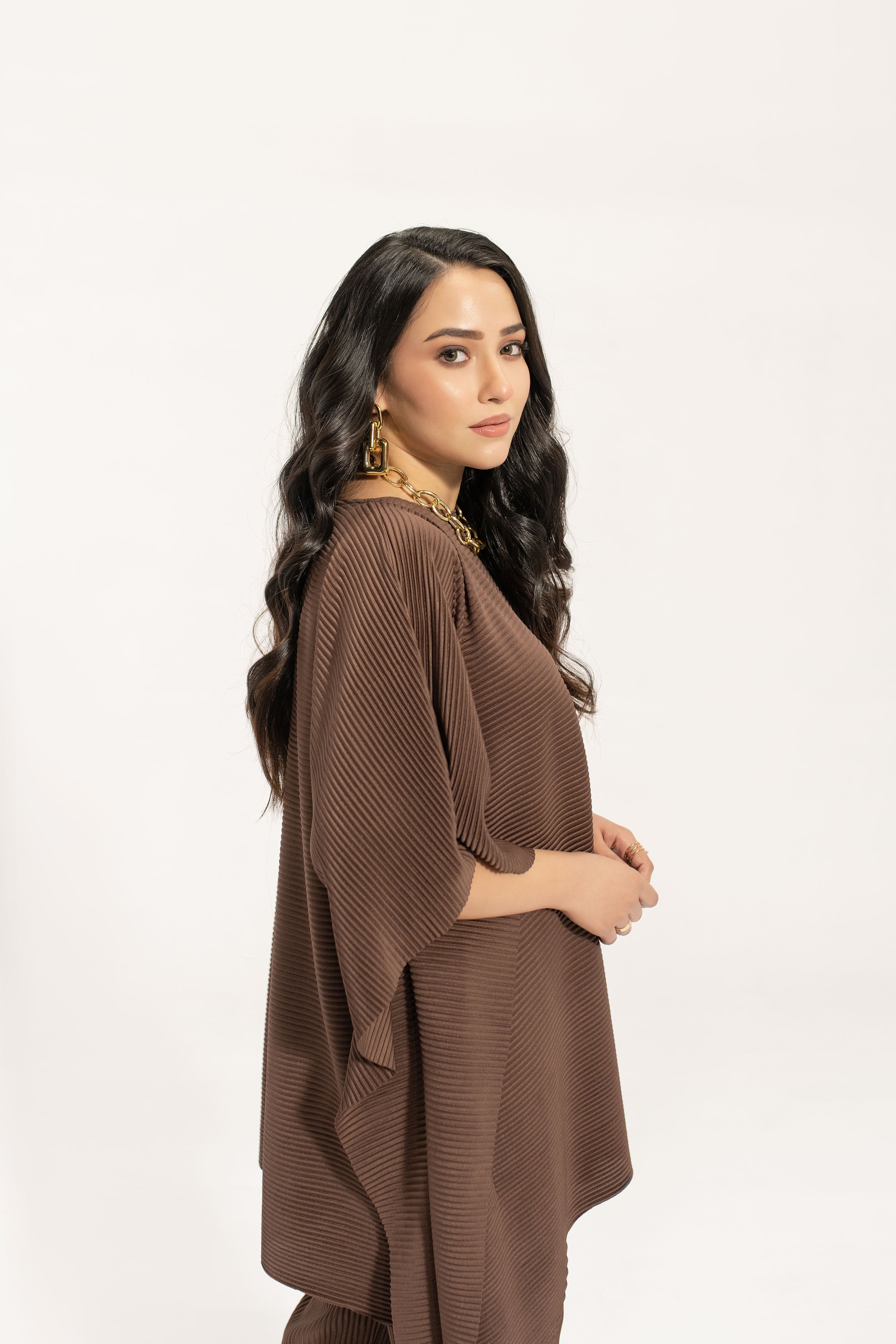 Kiraz Brown Asymmetrical Pleated Suit