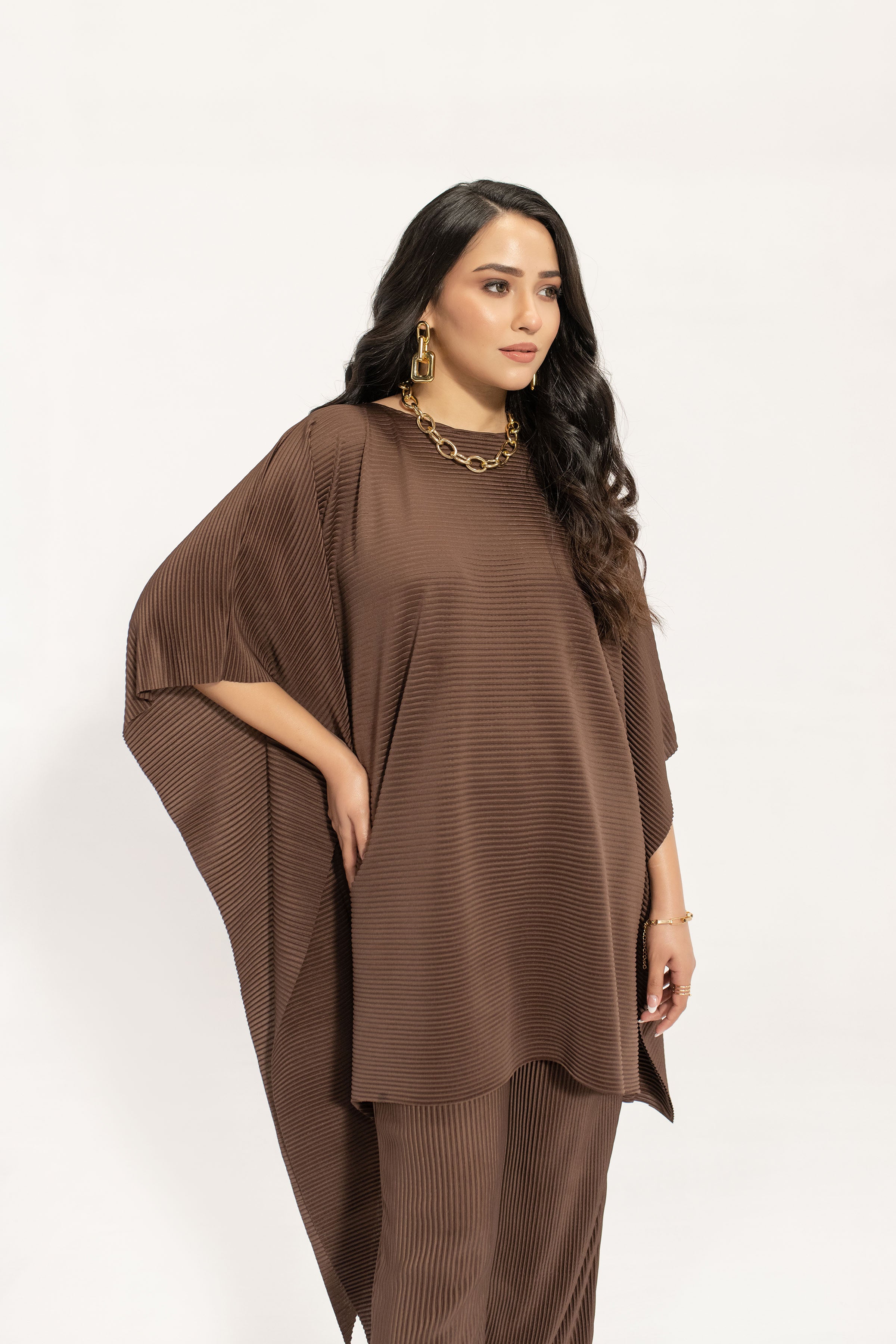 Kiraz Brown Asymmetrical Pleated Suit