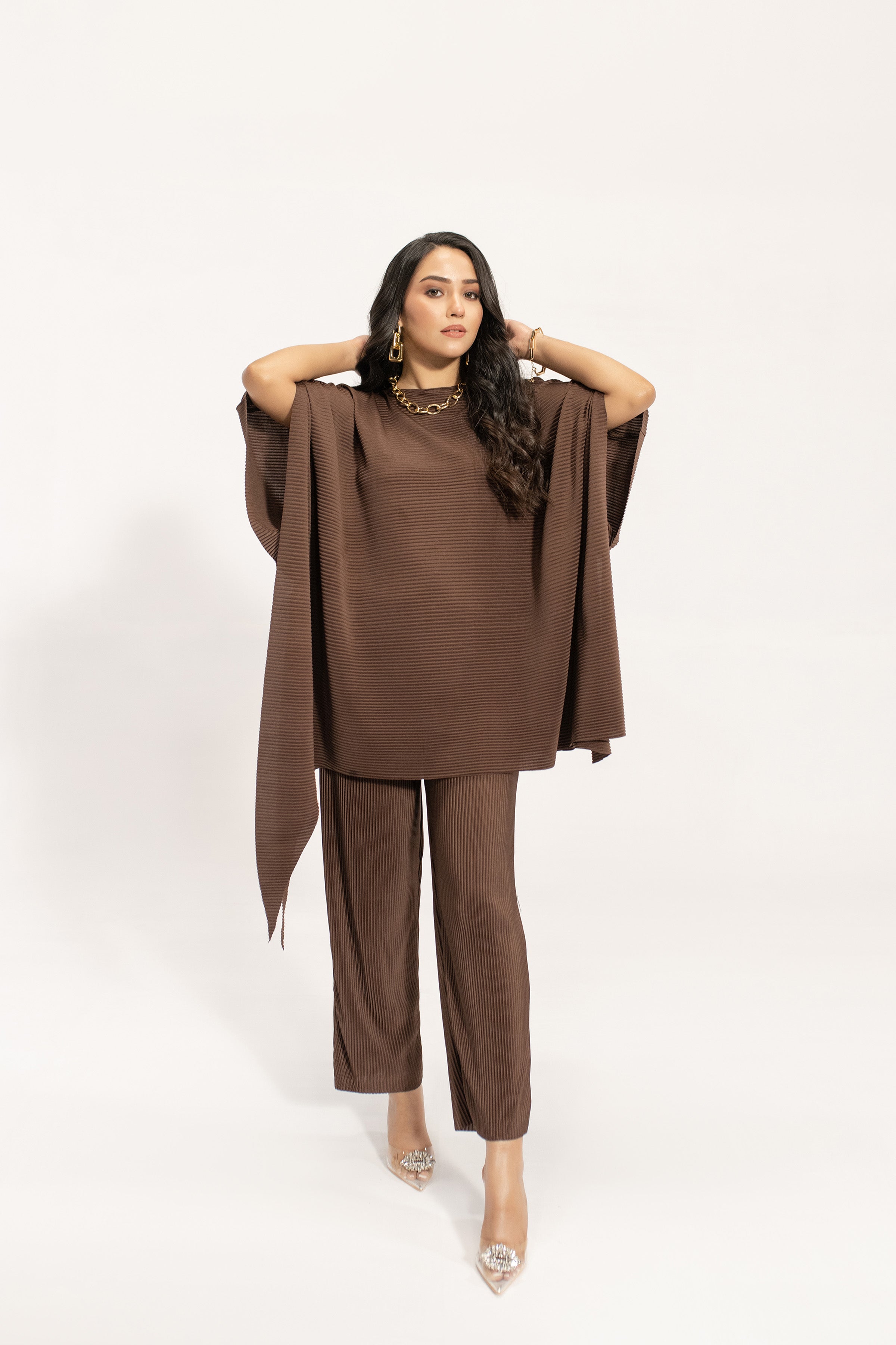 Kiraz Brown Asymmetrical Pleated Suit