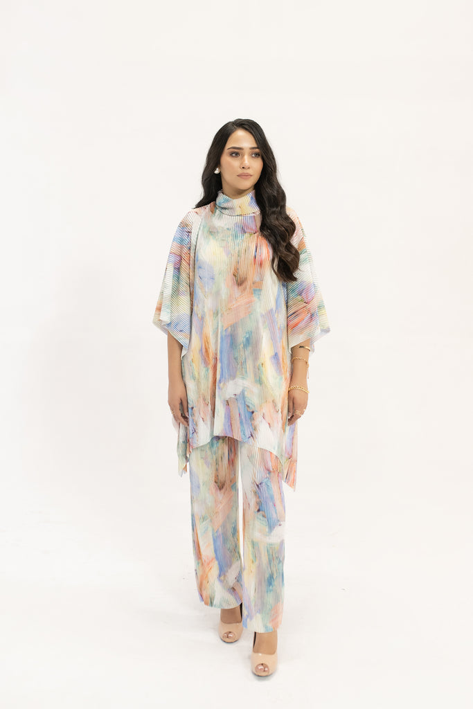 Nazik Blue /Pink  Poncho Pleated Suit
