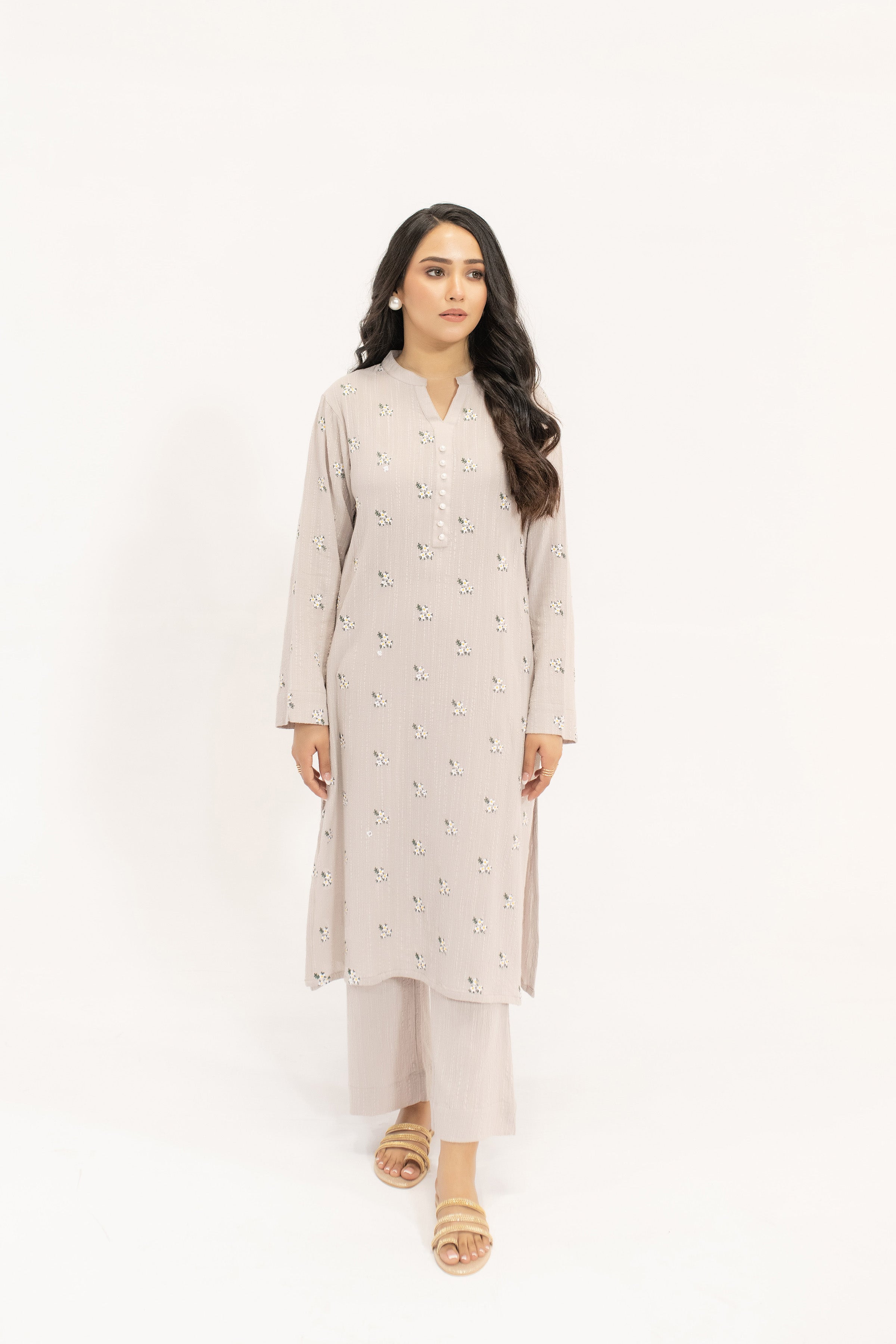 Nina Tia Textured Suit With White Floral Embroidery