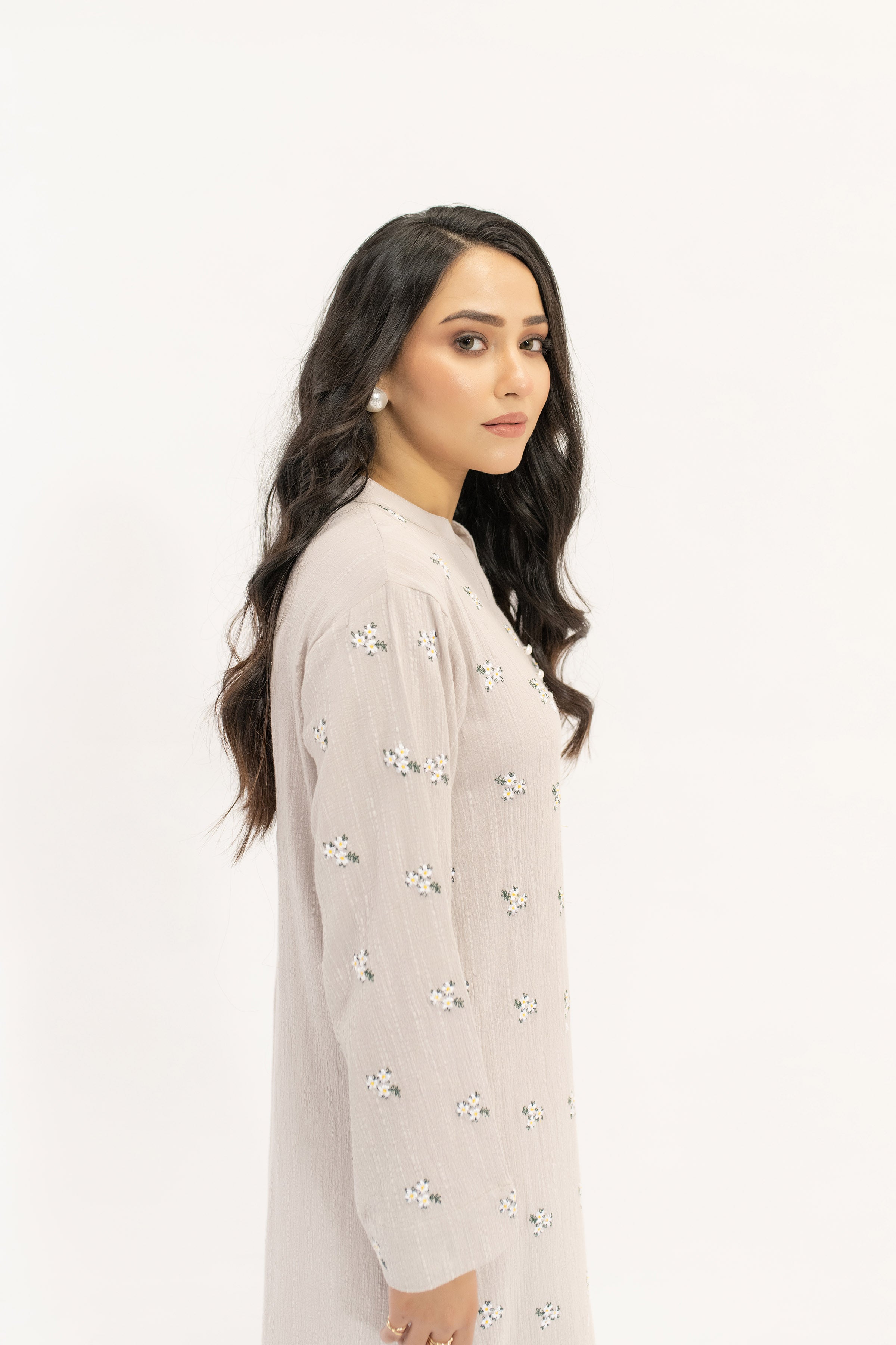 Nina Tia Textured Suit With White Floral Embroidery