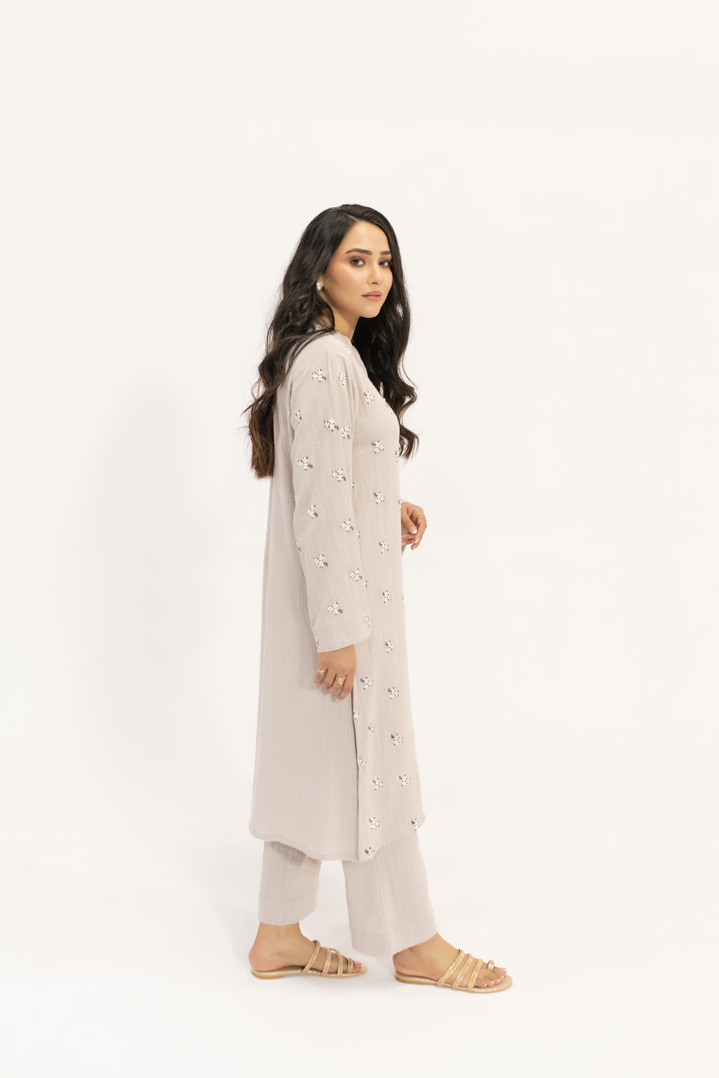 Nina Tia Textured Suit With White Floral Embroidery