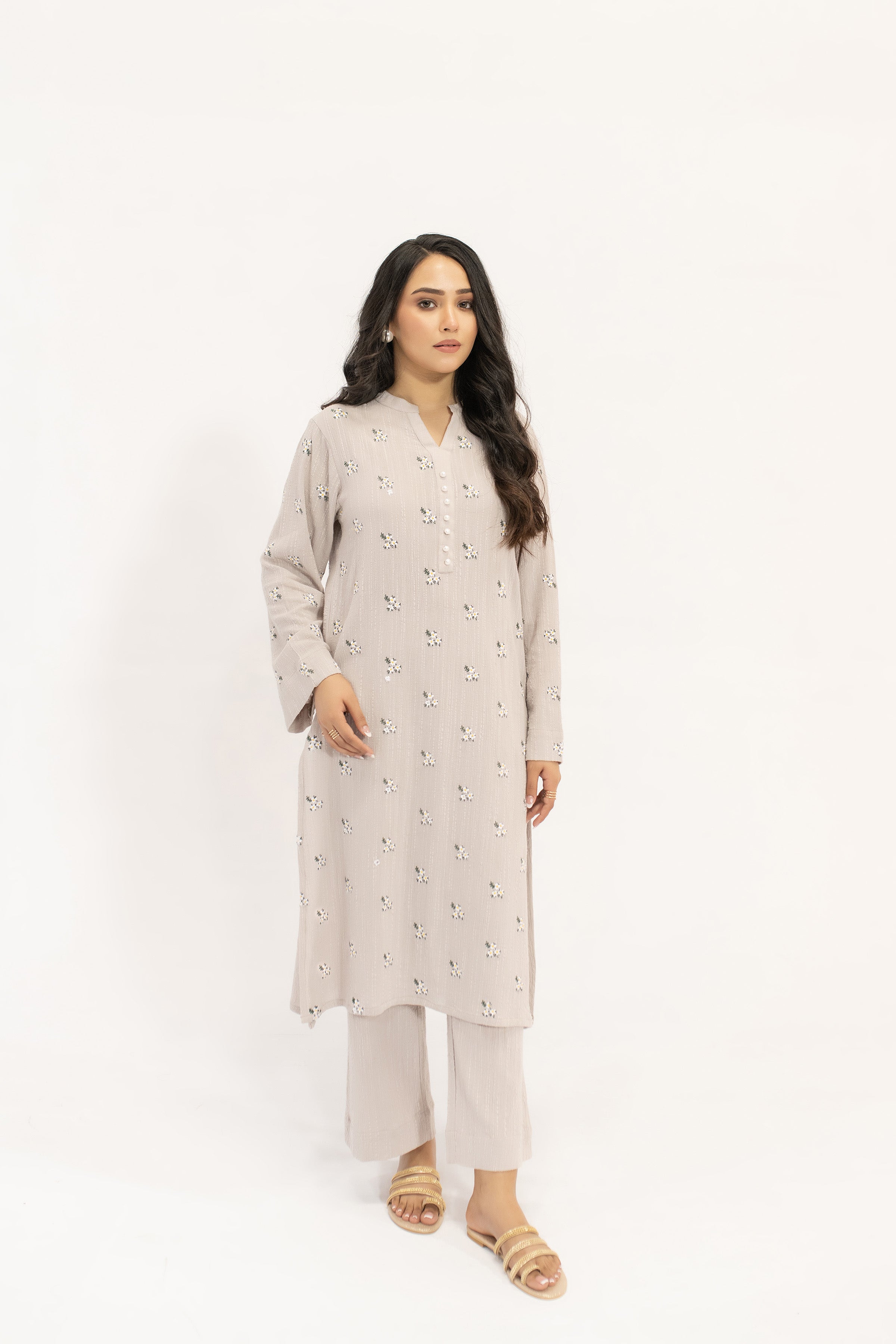 Nina Tia Textured Suit With White Floral Embroidery