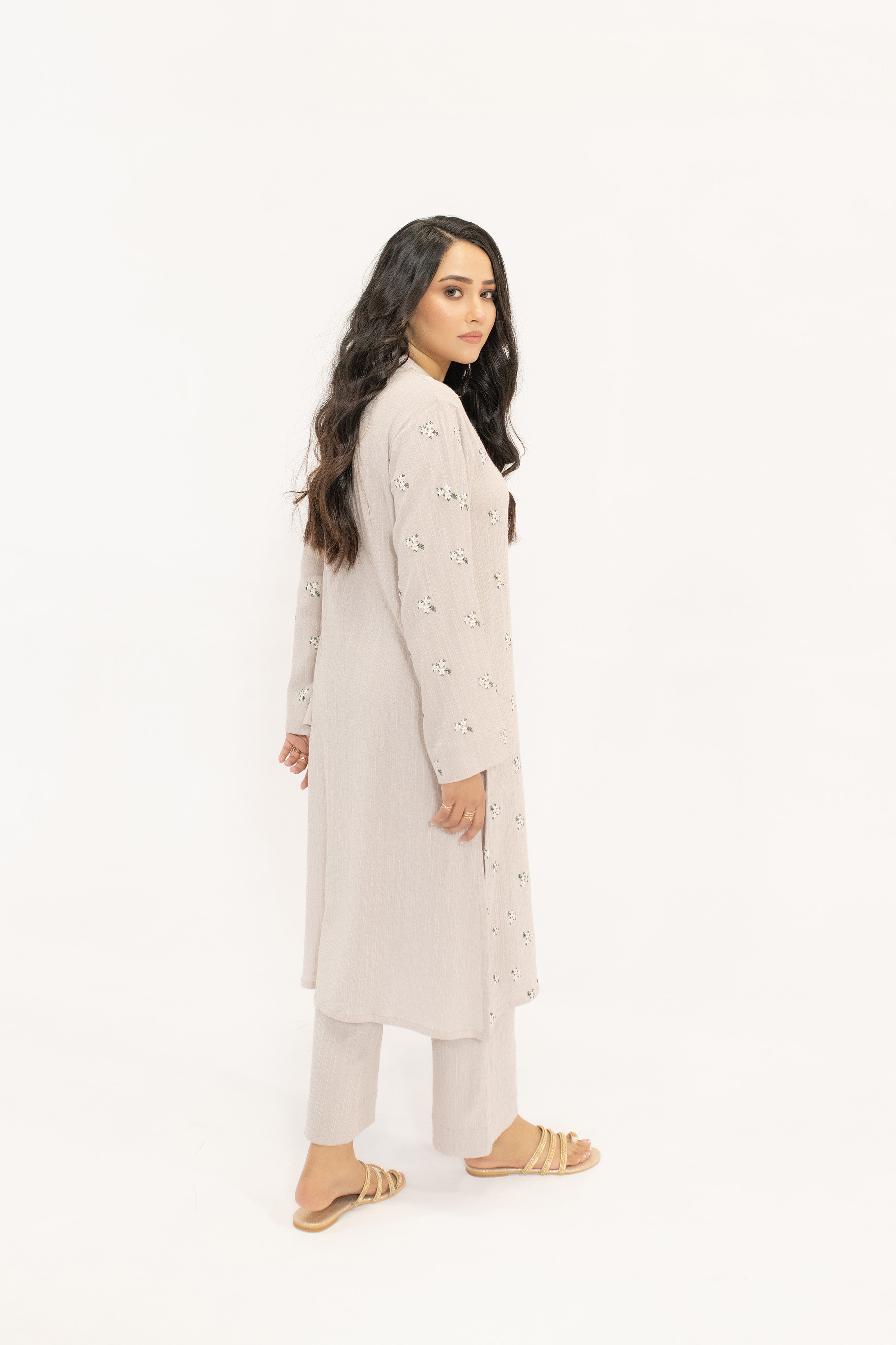 Nina Tia Textured Suit With White Floral Embroidery