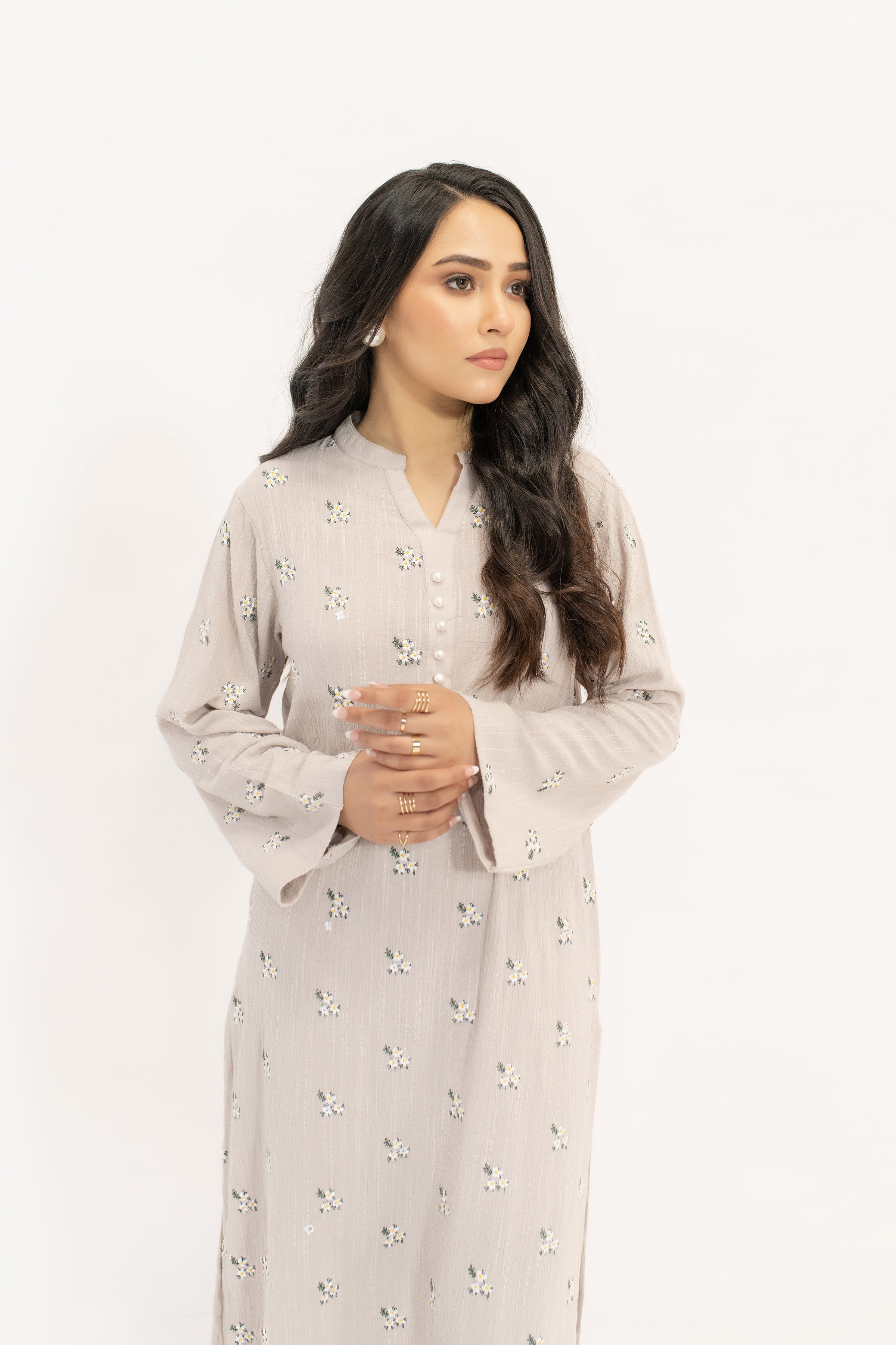 Nina Tia Textured Suit With White Floral Embroidery