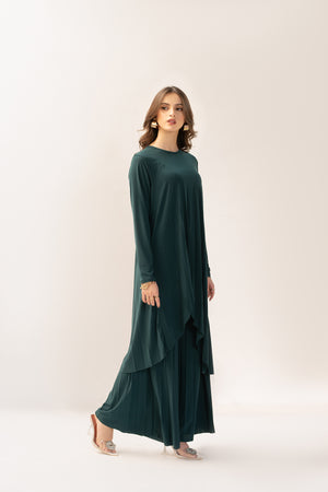 Melis Pleated With Long Asymmetrical Front Green