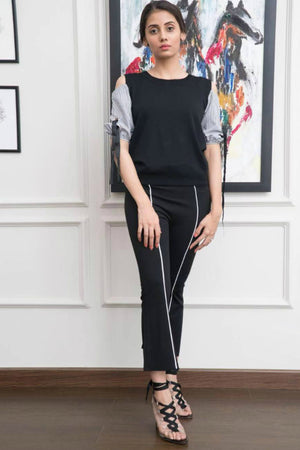 Cut out shoulder contrast blouse