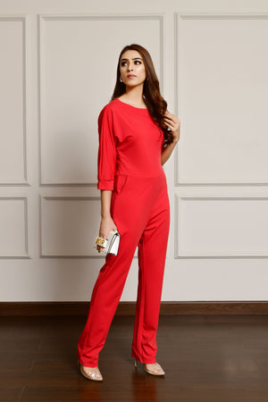 Slashed Neck Jumpsuit Red