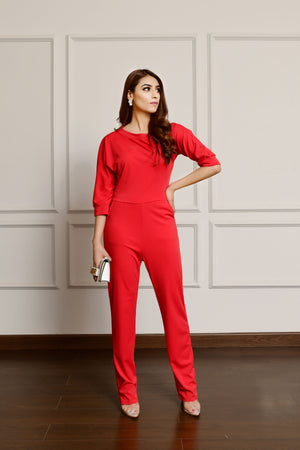 Slashed Neck Jumpsuit Red