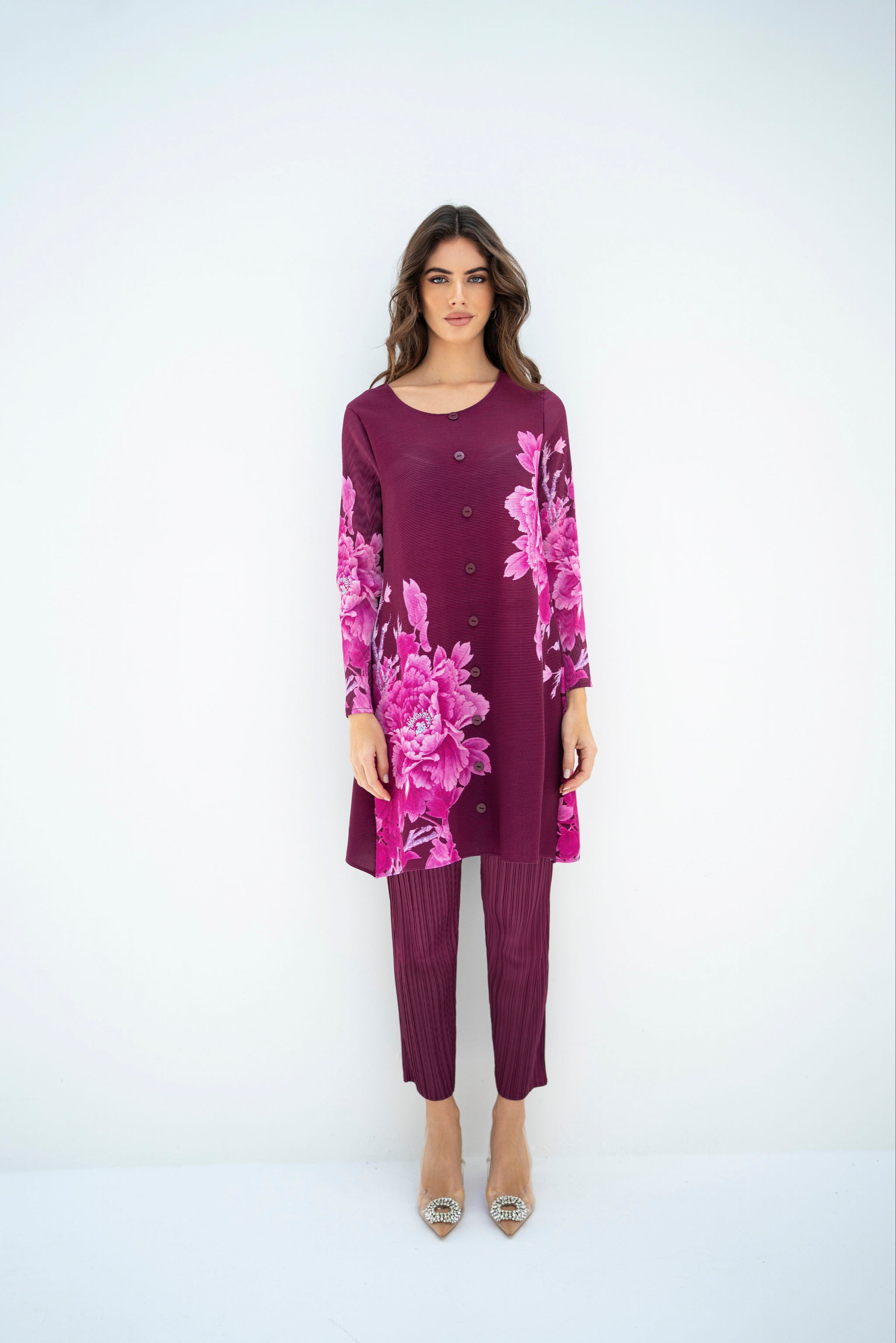 Pleated Mysha Plum Set With Capri Pants