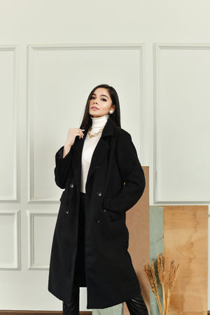 Nadine Double Breasted Black Long Coat