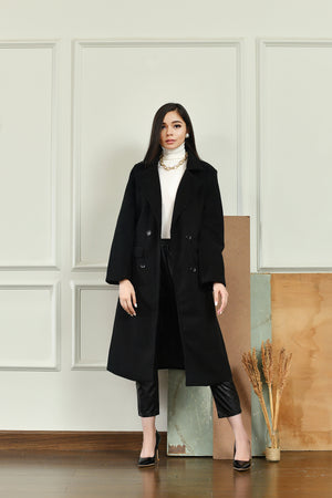 Nadine Double Breasted Black Long Coat
