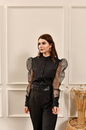 Button Down Organza Sleeve Top Black