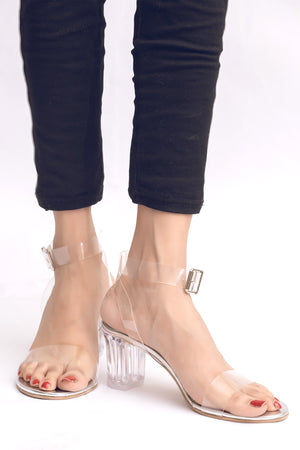 Pvc  heels with ankle strap silver