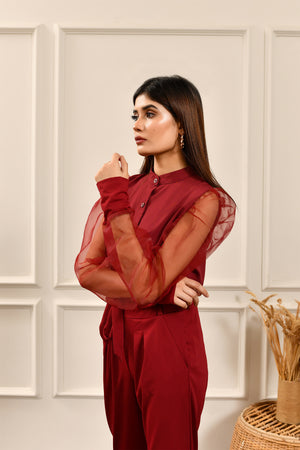 Button Down Organza Sleeve Top Maroon