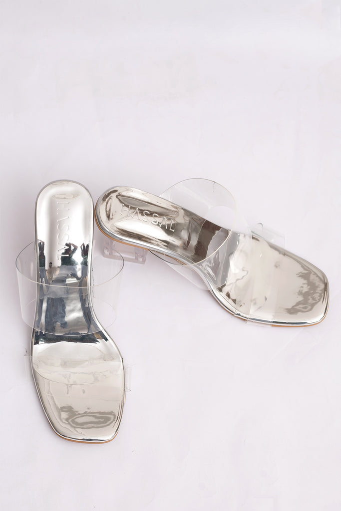 PVC Silver Double Strap Heels