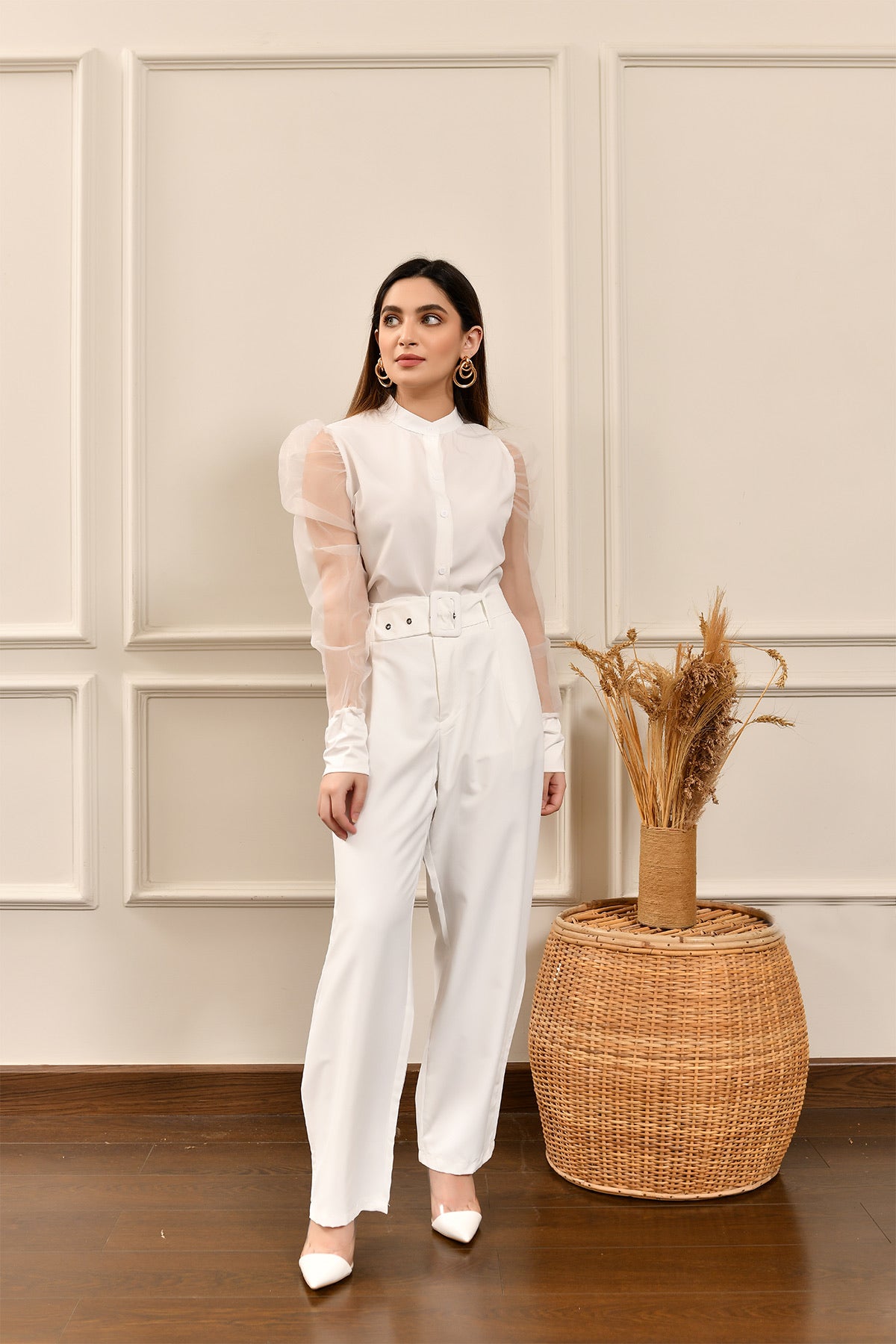 Button Down Organza Sleeve Top White